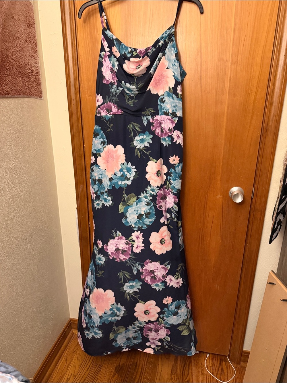 Eliza J Navy Floral Cowl Neck Maxi Dress with Pink & Teal Blooms